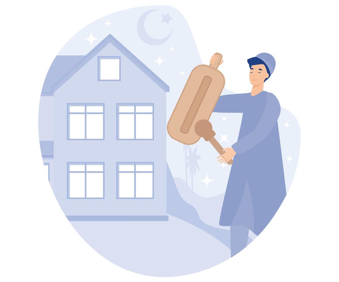 Waking up people to do sahur with kentongan, Ramadan month activity, Time to Suhoor, flat vector modern illustration