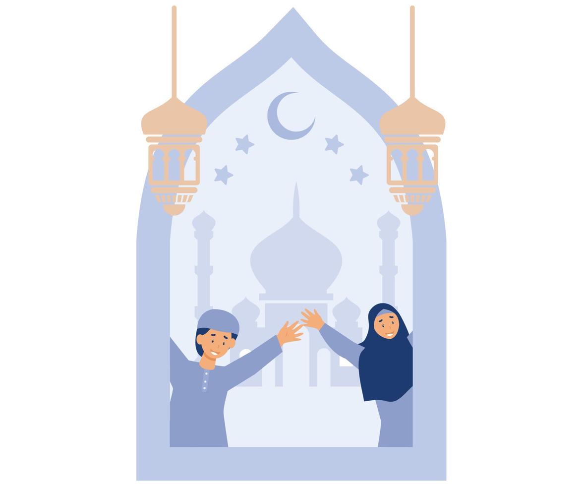 Ramadan kareem greeting card, muslim kids with fanoos lantern, mosque, crescent moon, stars, flat vector modern illustration