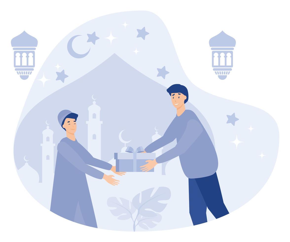 Muslim people giving sadaqa to poor people, ramadhan kareem, flat vector modern illustration