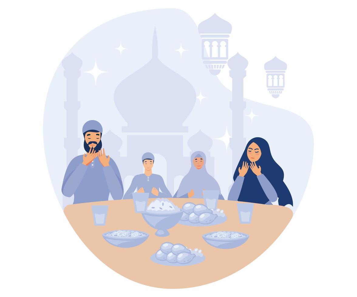 Moslem family iftar enjoying ramadan kareem mubarak together in happiness during fasting with meal, flat vector modern illustration