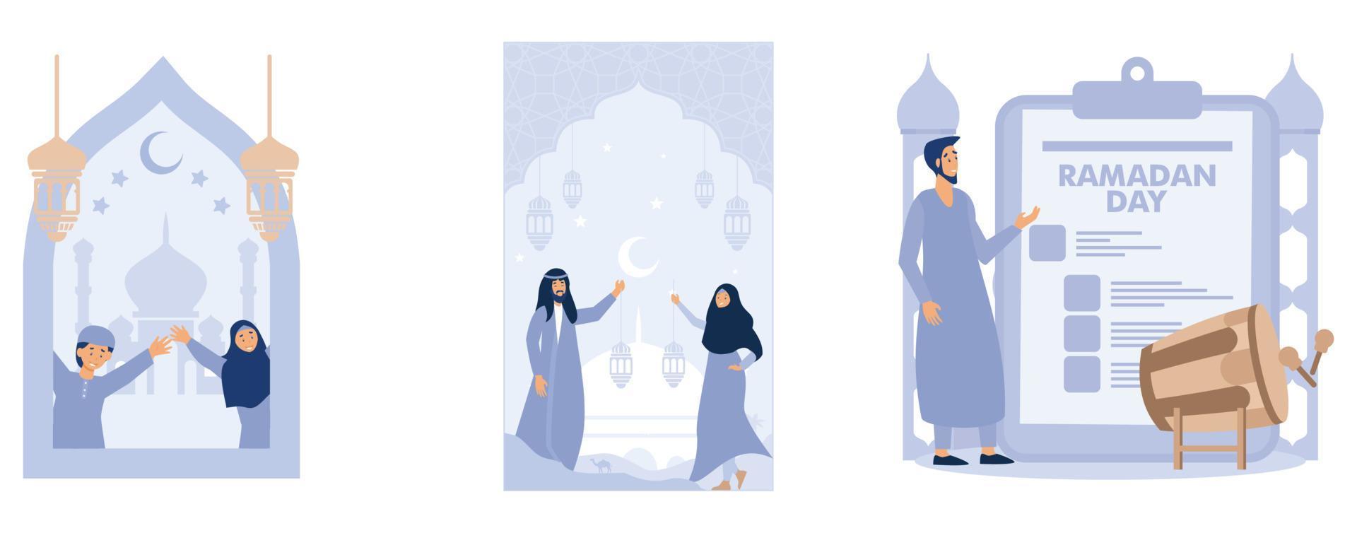 Ramadan kareem greeting card, kids holding lantern with crescent moon and stars, Ramadan kareem fasting day concept, set flat vector modern illustration