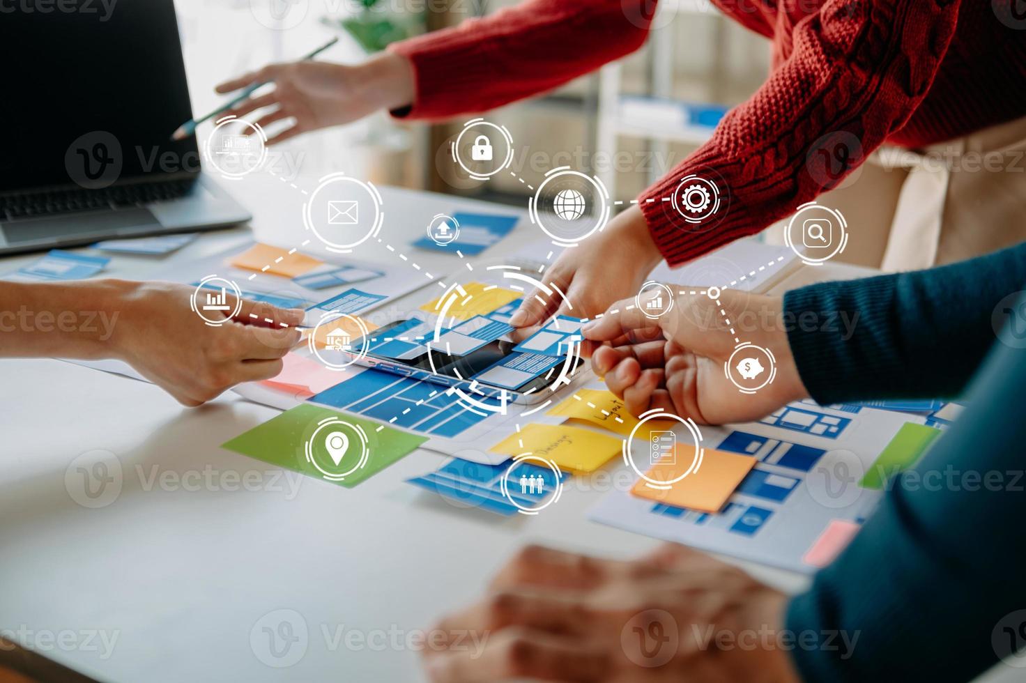 UX graphic designer planning application process development prototype wireframe for web smart phone. Creative digital development agency. photo