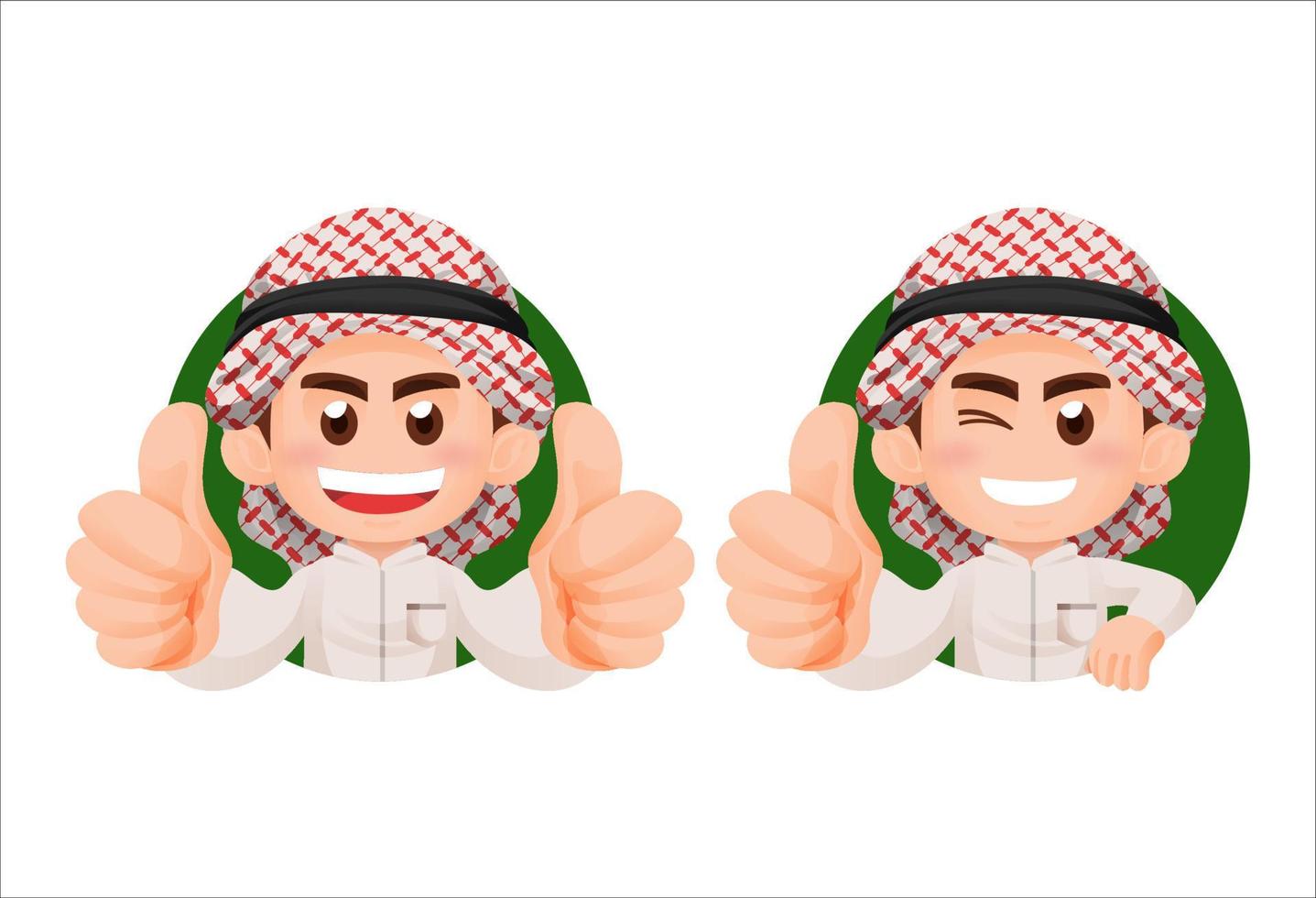 árabe musulmán niño chico en tradicional ropa pulgares arriba y sonrisa mascota ilustración concepto vector