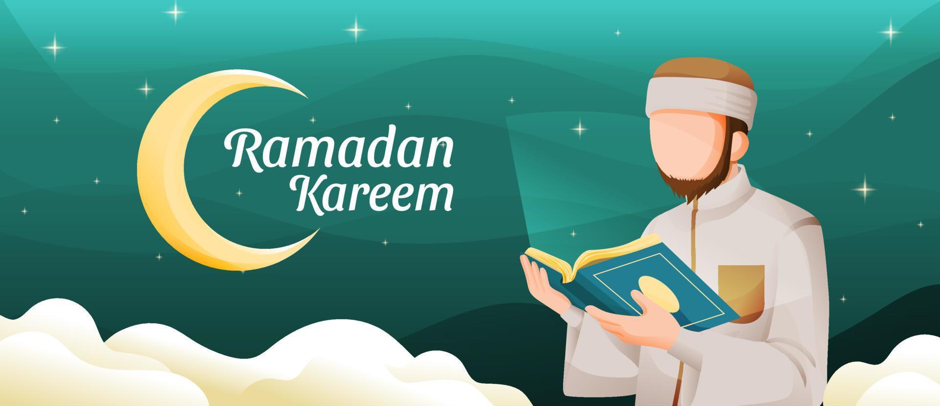 Muslim Man Reading Koran or Qur'an in Ramadan Kareem Holy Month with Crescent Moon and Stars Illustration vector