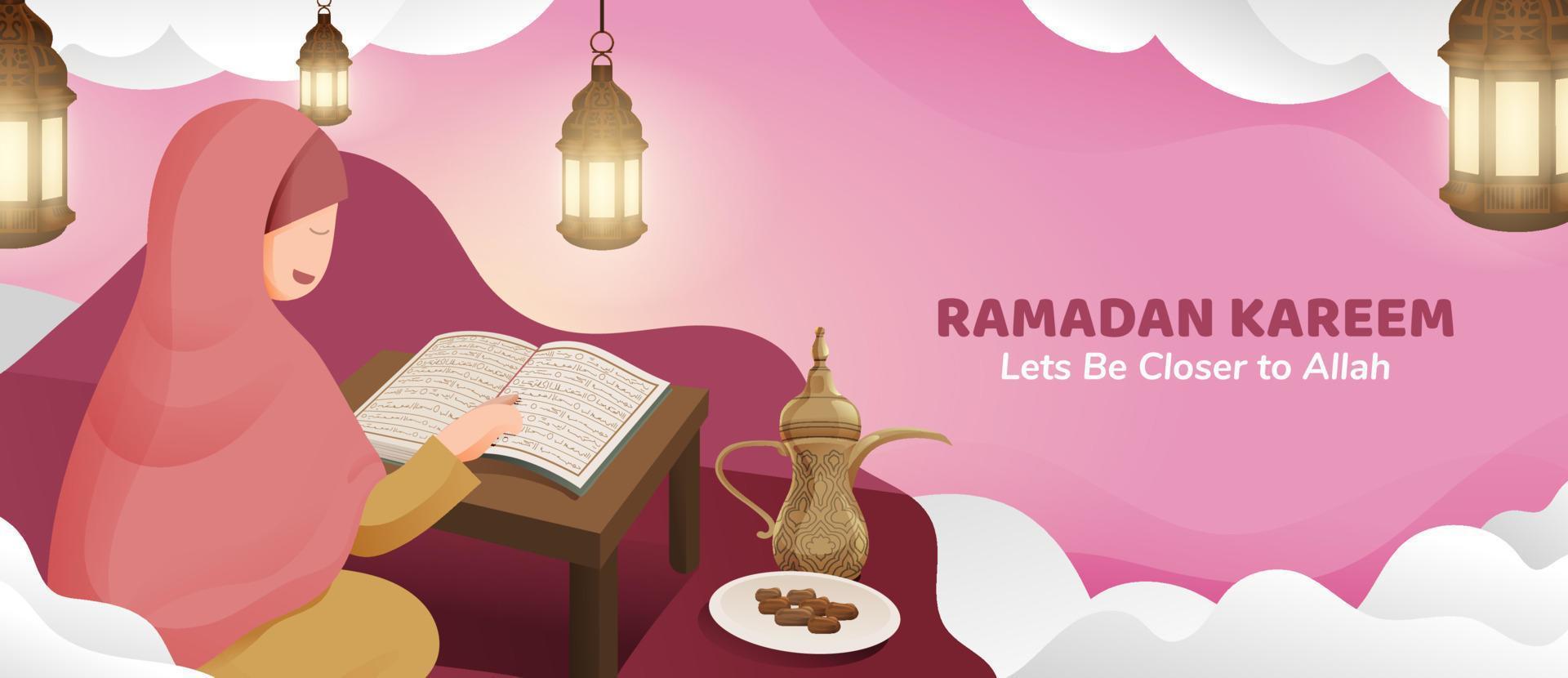 Muslim Woman Reading Koran in Ramadan Kareem Holy Month with Lantern and dates Illustration vector