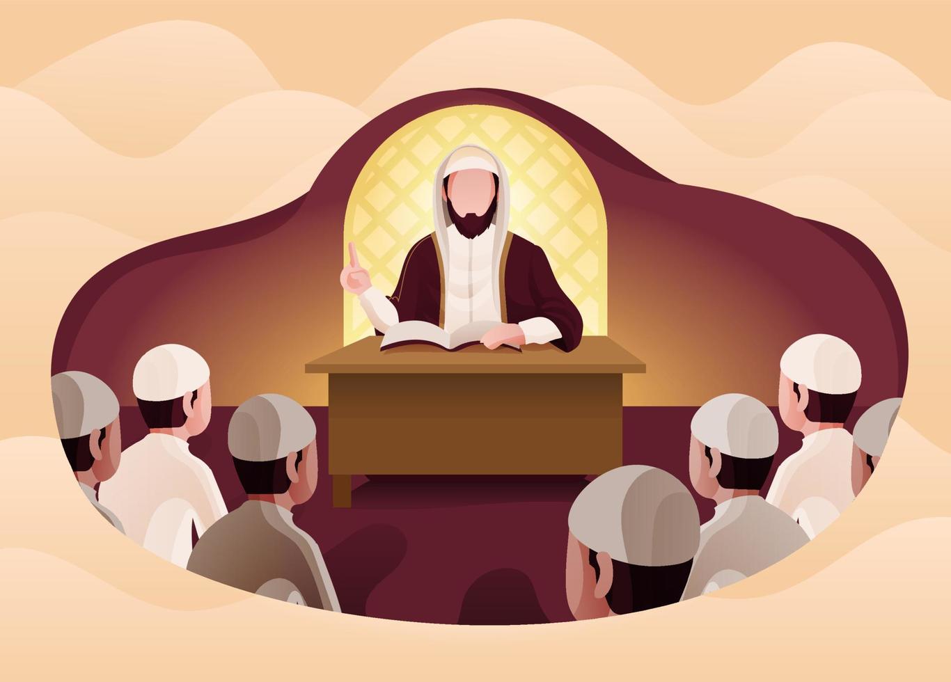 árabe musulmán o musulmán erudito enseñando en frente de audiencia en mezquita dibujos animados ilustración vector