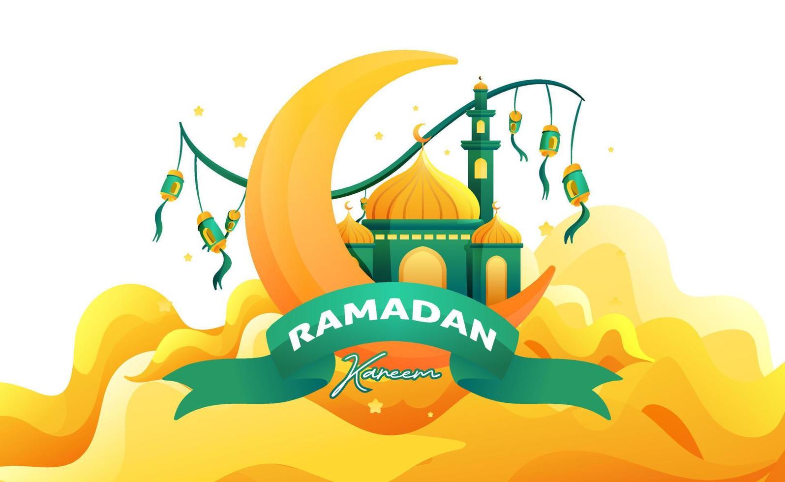Simple Ramadan Kareem Greeting Illustration With Mosque Crescent Moon and Lantern on Clouds vector