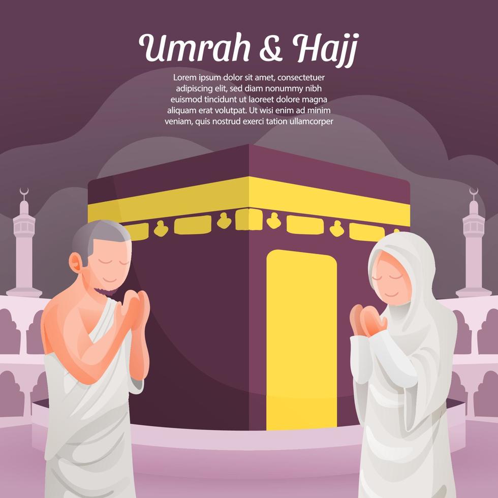 Muslim couple pray in front of kaaba Islamic Hajj or Umrah Pilgrimage Wearing White Ihram Clothes Social Media Post Template vector