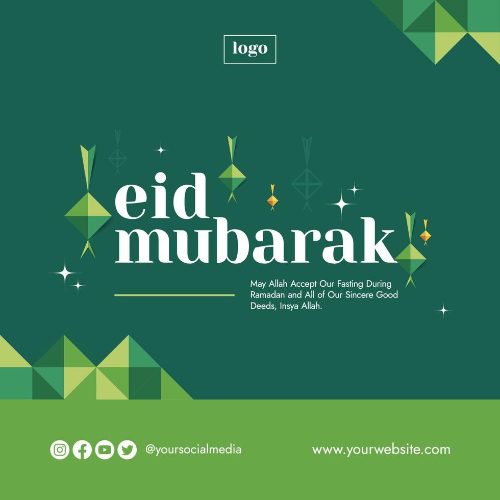 Simple Eid Mubarak Social Media Post Template Geometric Design With Typography and Ketupat Ornaments vector