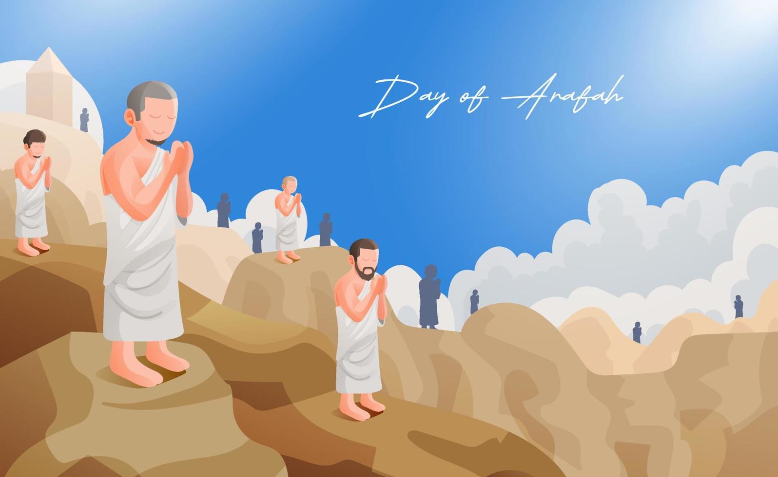 musulmán hajj peregrino orar a montar arafah en pie en el día de dhul hijjah ritual vector