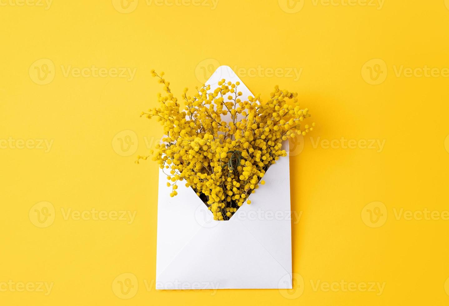 Opened white envelope with yellow mimosa flowers on yellow background, mockup design photo