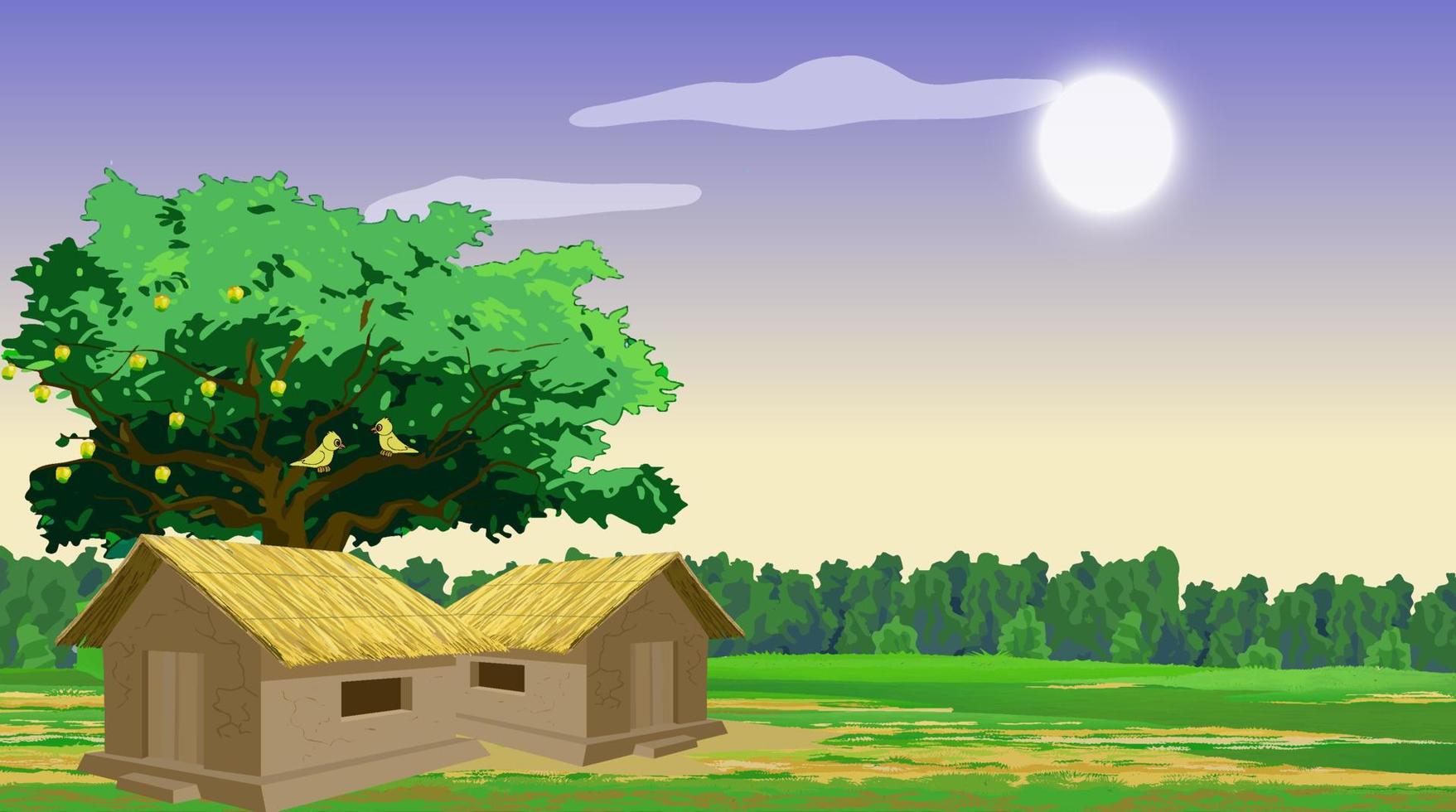 Village nature scene with hut and green field. vector
