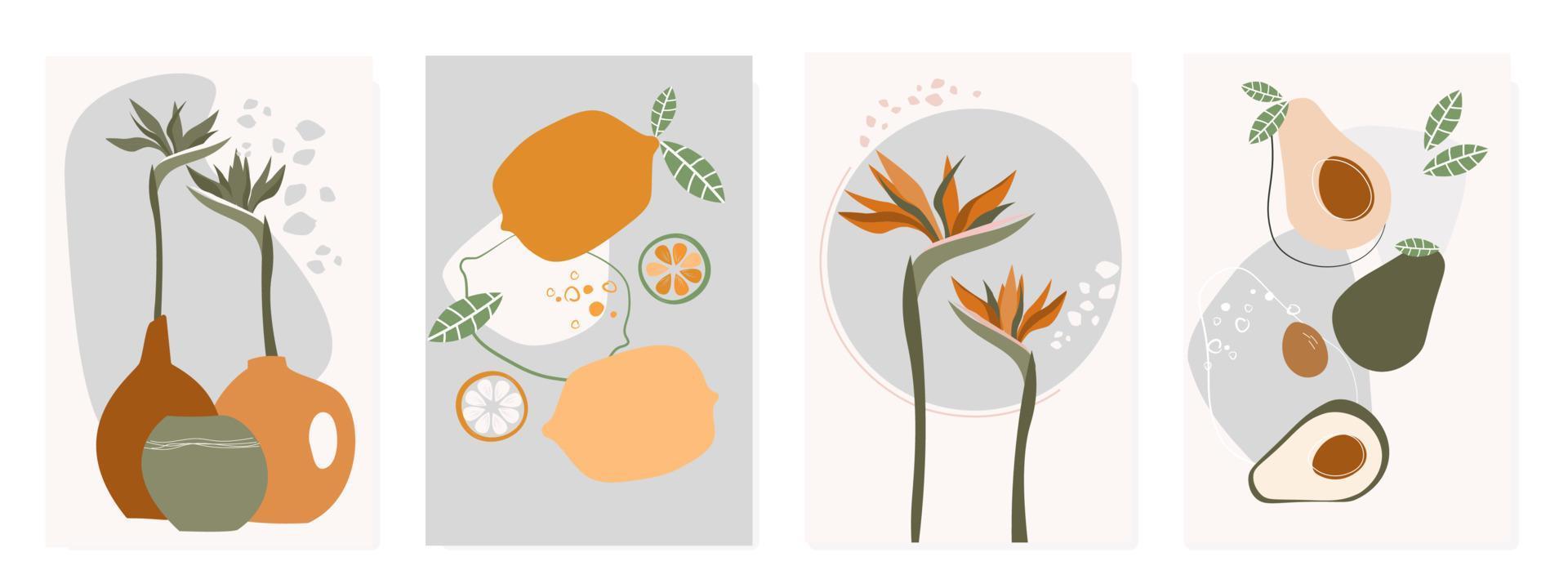 A set of abstract contemporary posters with strelitzia flowers in a vase, avocado and lemon fruits on a background of simple trendy shapes. Vector graphics.