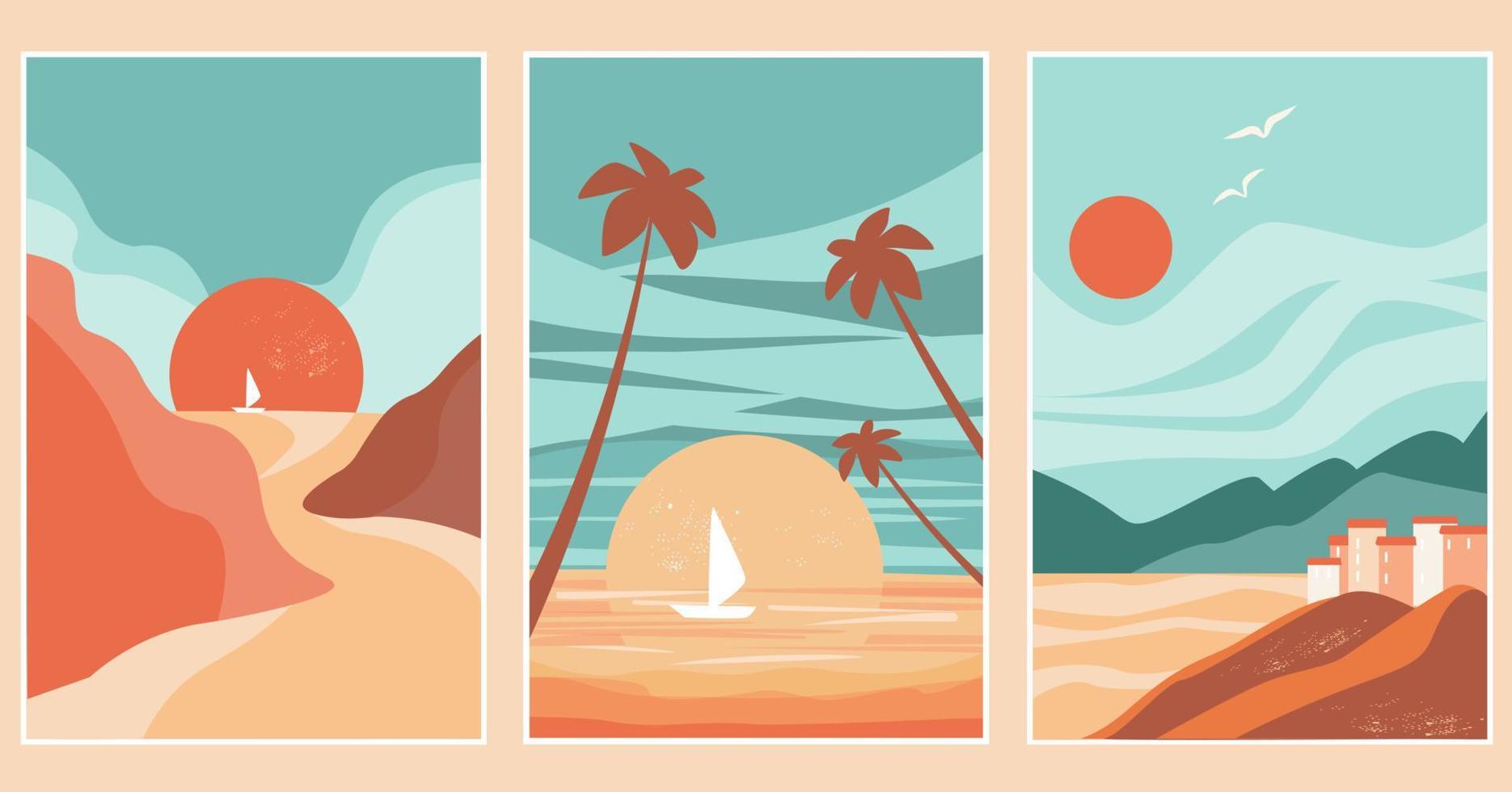 un conjunto de resumen contemporáneo carteles representando el océano, barcos en contra el antecedentes de el sol, puesta de sol. un playa pueblo en un montaña. vector gráficos.