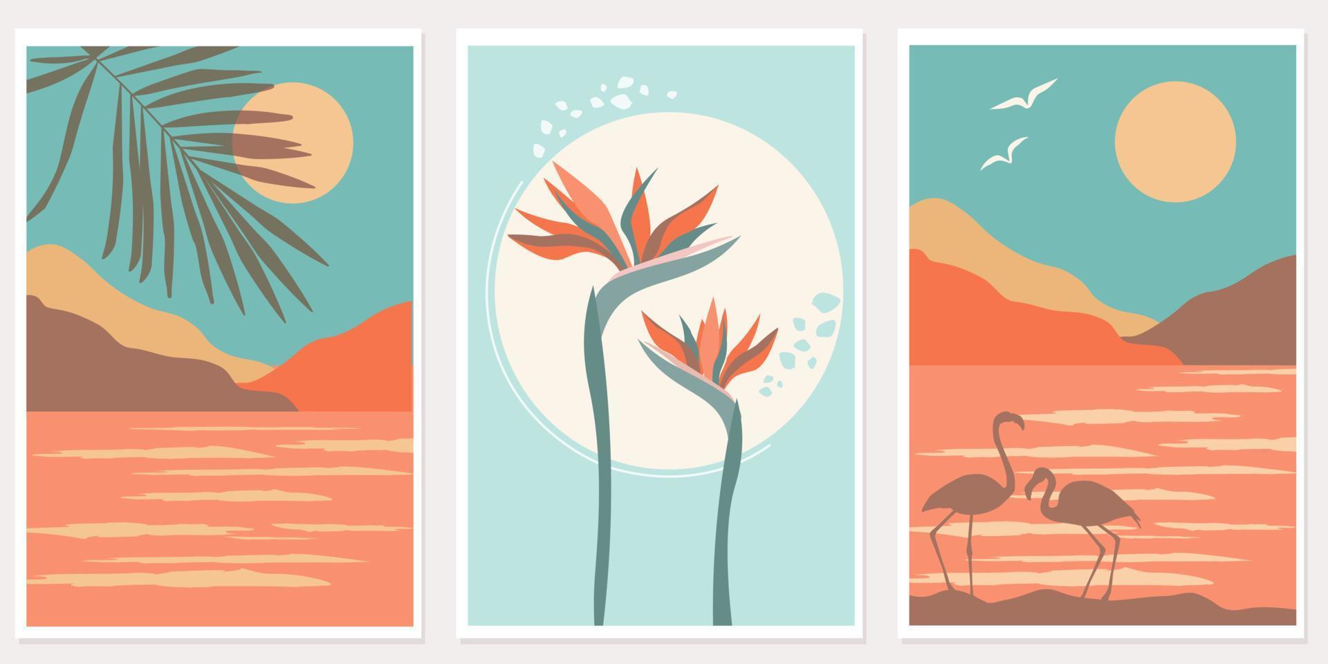 A set of abstract natural posters with the sea, clouds and the sun. Silhouettes of flamingos, strelitzia flowers. Tropical exotic standing landscape. Vector graphics.