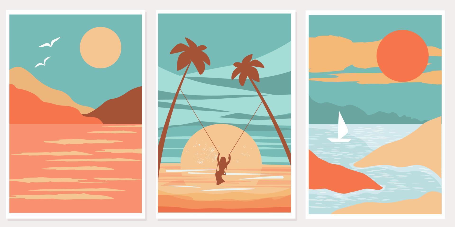 Set of modern nature posters with ocean, sunset, palm trees, tropical landscape. Girl on a swing, boat sail in the sea. Vector graphics.