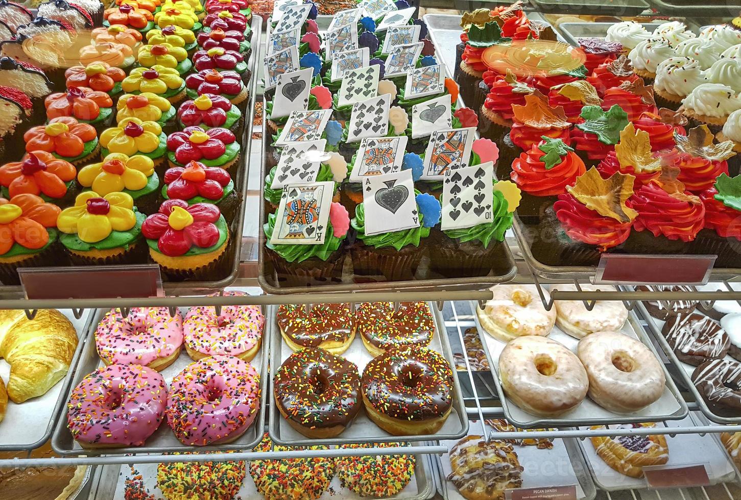 Display of a US pastry business offering colorful pastries for purchase