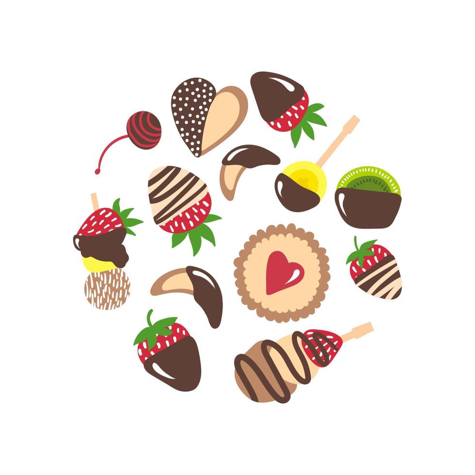 Vector chocolate sweets set. Hand drawn cartoon chocolate sweet isolated. Fruits in white and dark chocolate. Strawberry, kiwifruit, banana, cherry, cookie, canape, cupcake.