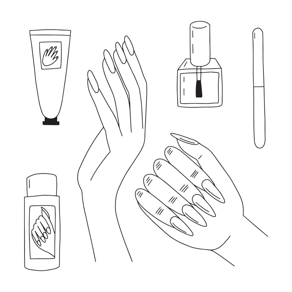 Doodle set with woman manicure tools. Woman hands with nails and gel polish tools vector
