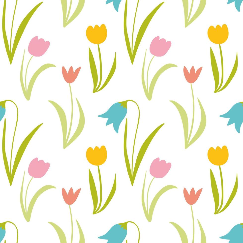Tulips vector seamless pattern. Hand drawn doodle spring flowers pattern. Pink and yellow tulips on white background. Design for home textile, wedding decor, invitations, wrapping papers, wallpapers.