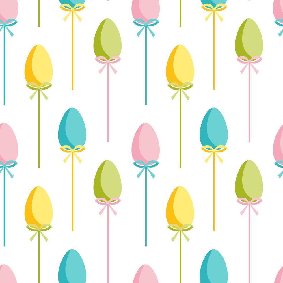 Easter eggs seamless pattern. Happy Easter. Flat style eggs on stick with bow. Colorful seamless pattern. Holiday decor, wrapping paper, wallpaper, kitchen textile. vector