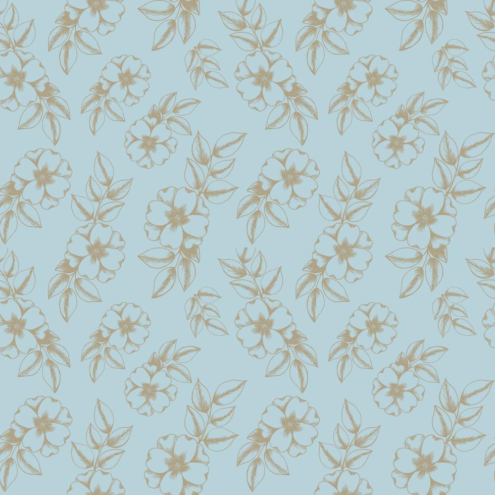 Vector seamless pattern with star rose illustration. Hand drawn unique flower pattern. Hand drawn flowers isolated on blue background.