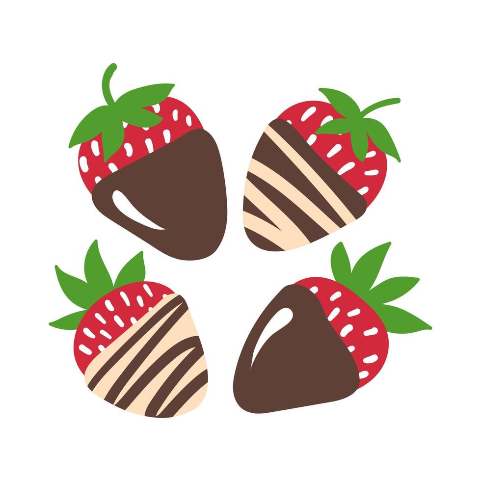 vector fresas en chocolate colocar. linda dibujos animados fresa en oscuro y blanco chocolate.