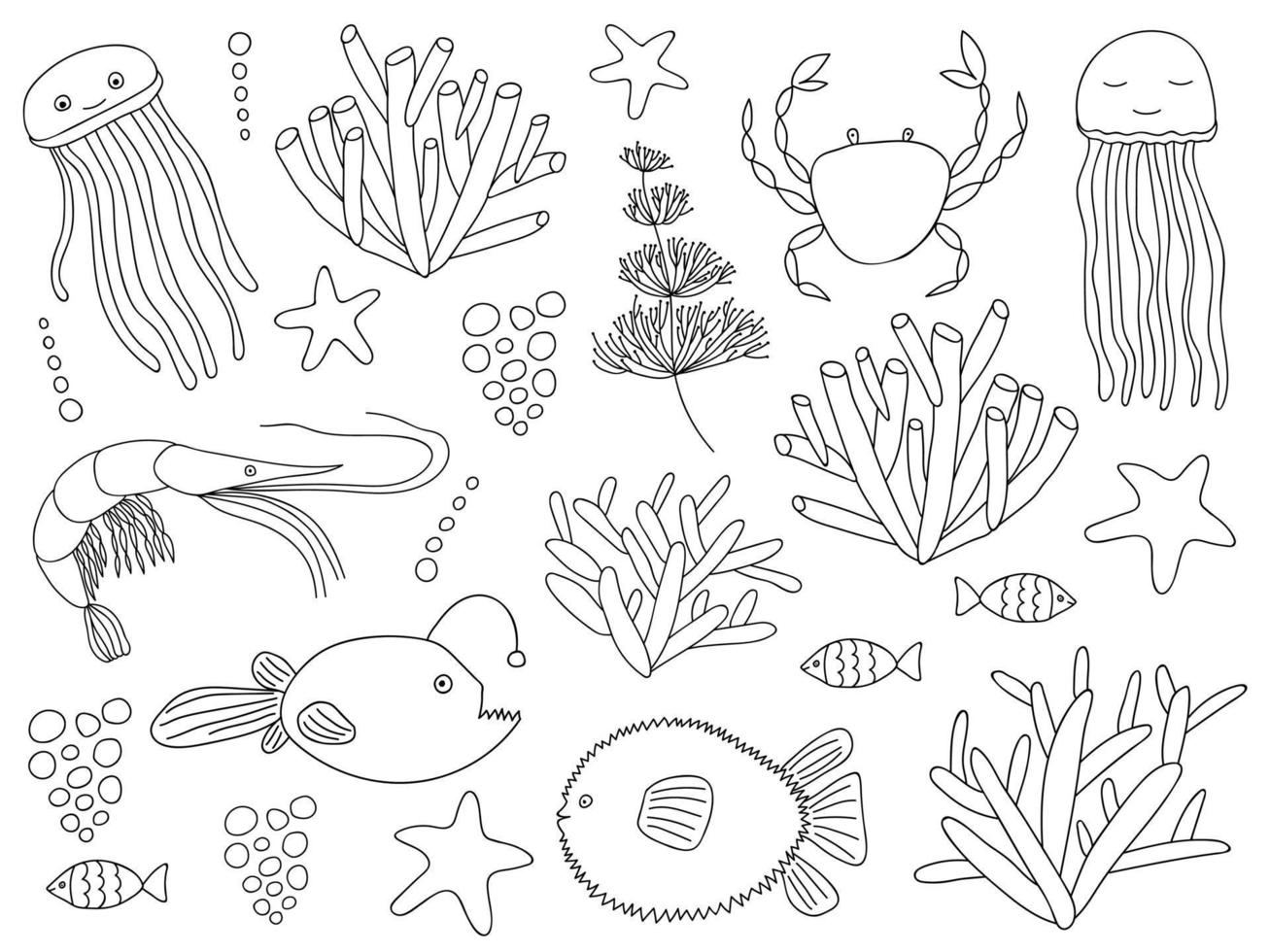 Big doodle sea elements set. Ocean, sea life animal and plant set. Vector underwater objects. Jellyfish, ball fish, reef fish, shrimp, crab, anglerfish, coral, seaweed, seagrass, starfish.