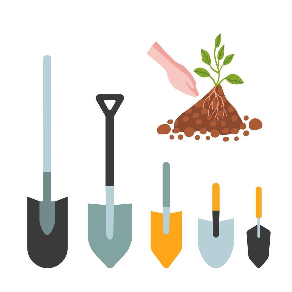 vector jardinería herramientas colocar. plano estilo jardín utensilios colocar. pala, sombra, suelo, planta.
