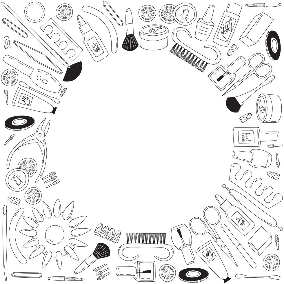 Vector manicure doodle frame. Hand drawn manicure and pedicure tools frame