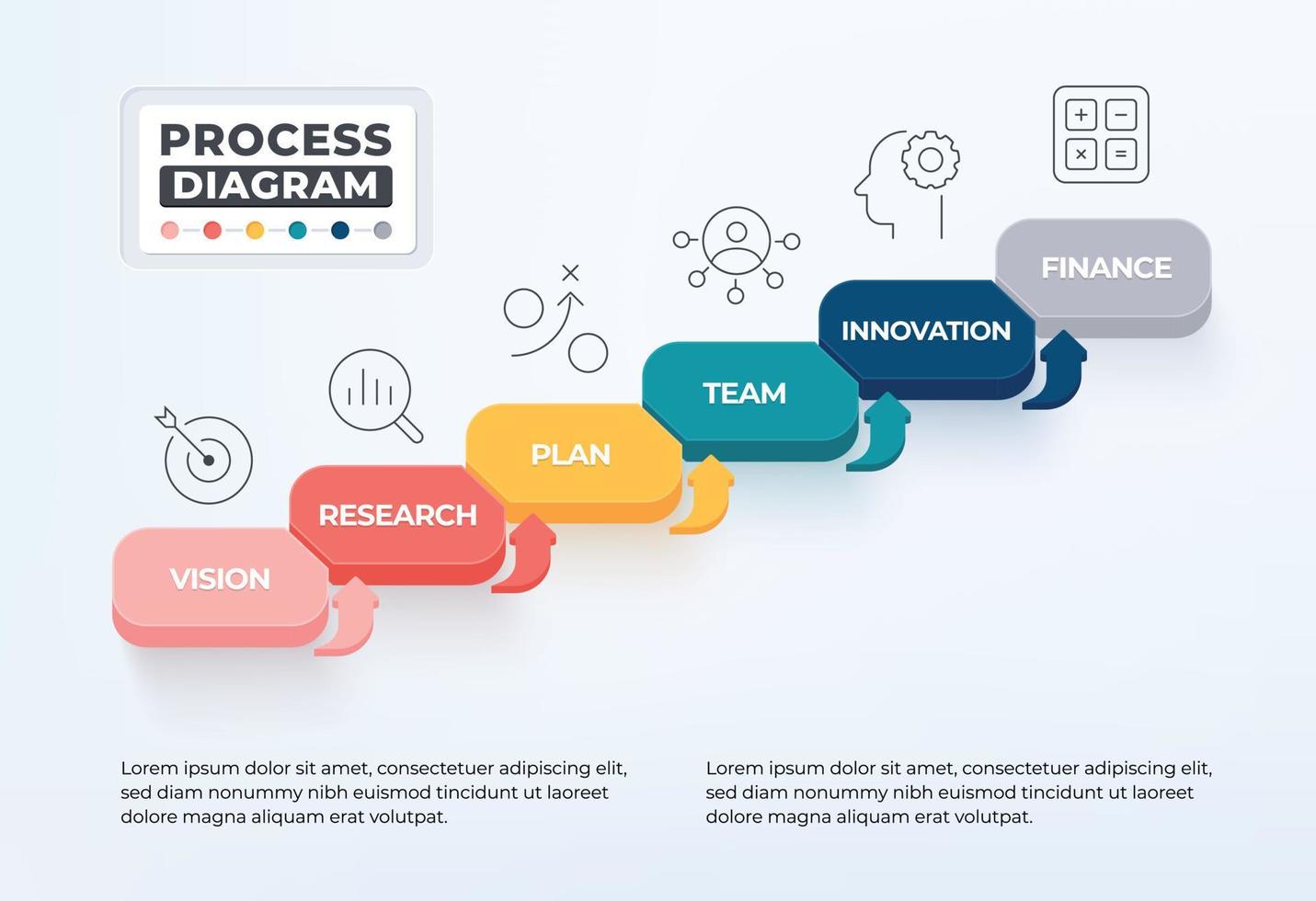 Process diagram infographic with 6 business icon. Step up to goal ...