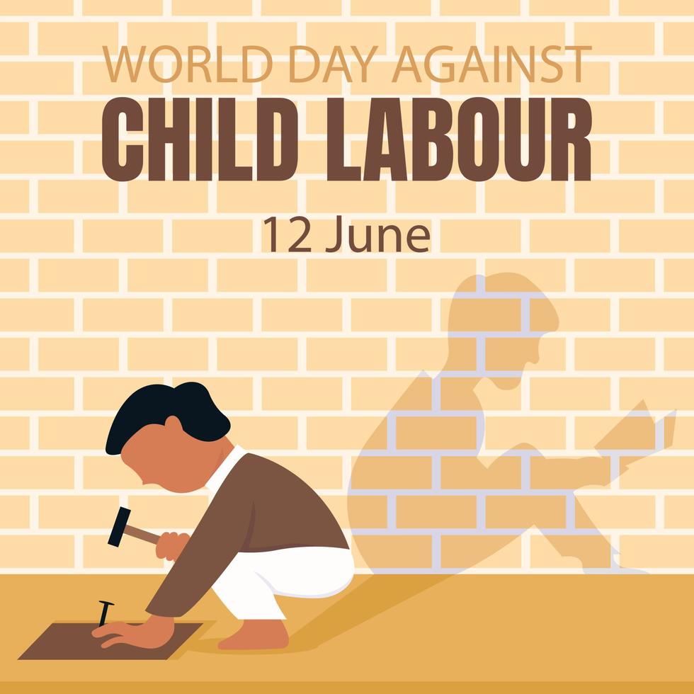 illustration vector graphic of little boy nails a wooden plank with a hammer, showing the shadow of a child reading a book, perfect for international day, world day gainst child labour, celebrate.
