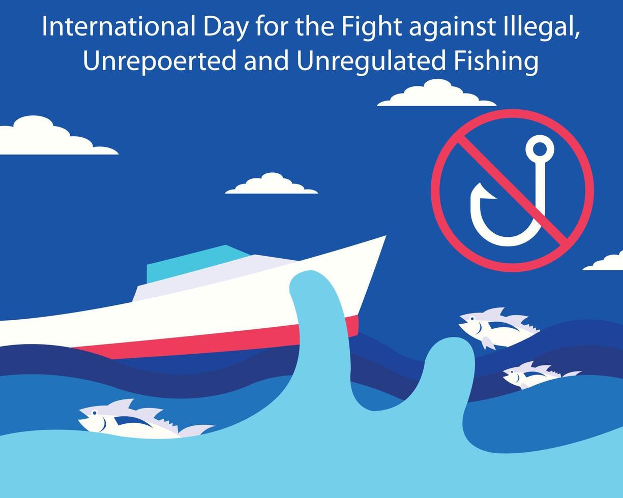 ilustración vector gráfico de pescar barco en el medio de un mar de ondas, mostrando un pescar prohibición símbolo, Perfecto para internacional día, lucha en contra ilegal, No denunciado y desregulado