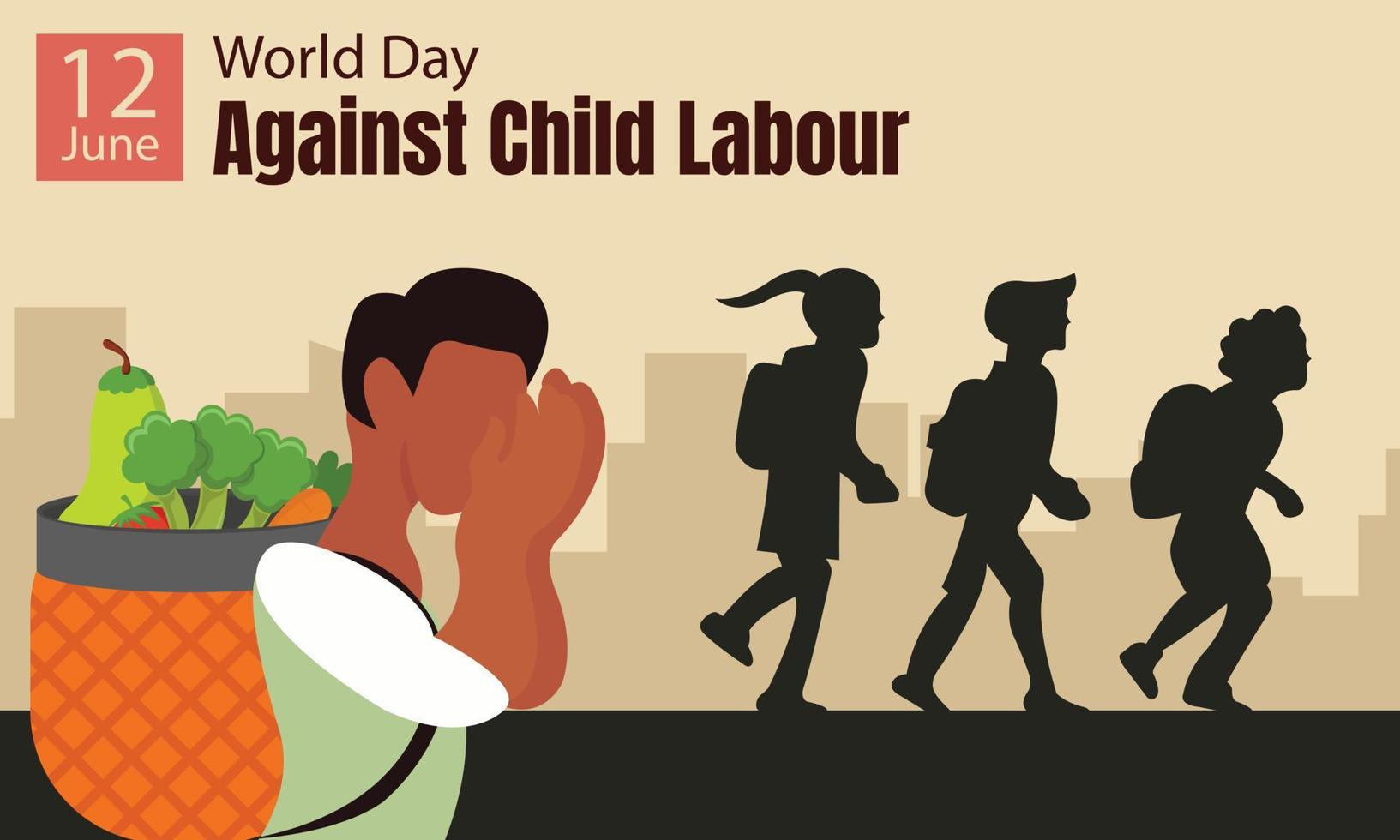 illustration vector graphic of a child worker is sad when he sees other children going to school, perfect for international day, world day against child labour, celebrate, greeting card, etc.