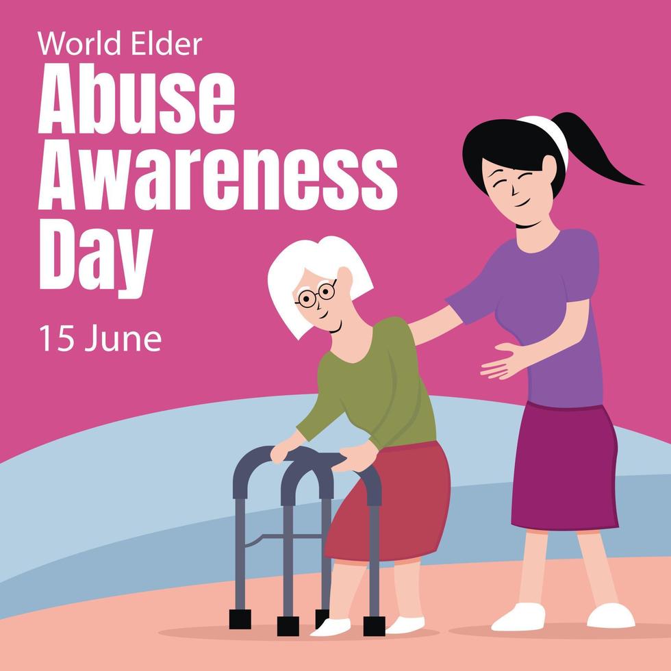 illustration vector graphic of a grandmother walks with an assistive device accompanied by her child, perfect for international day, world elder abuse awareness day, celebrate, greeting card, etc.