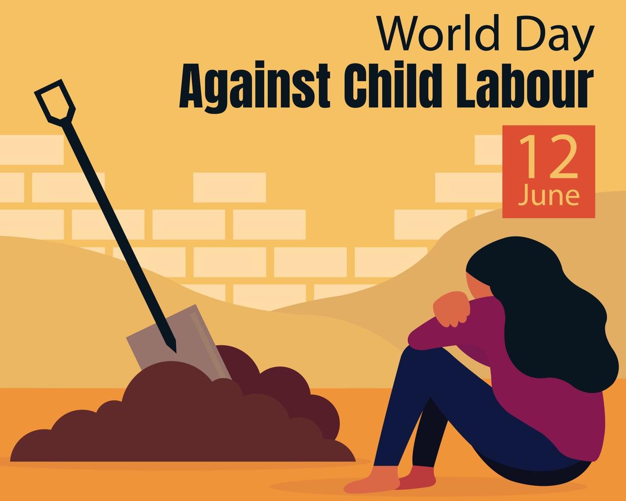 illustration vector graphic of a crying girl forced to work in building construction, perfect for international day, world day against child labour, celebrate, greeting card, etc.