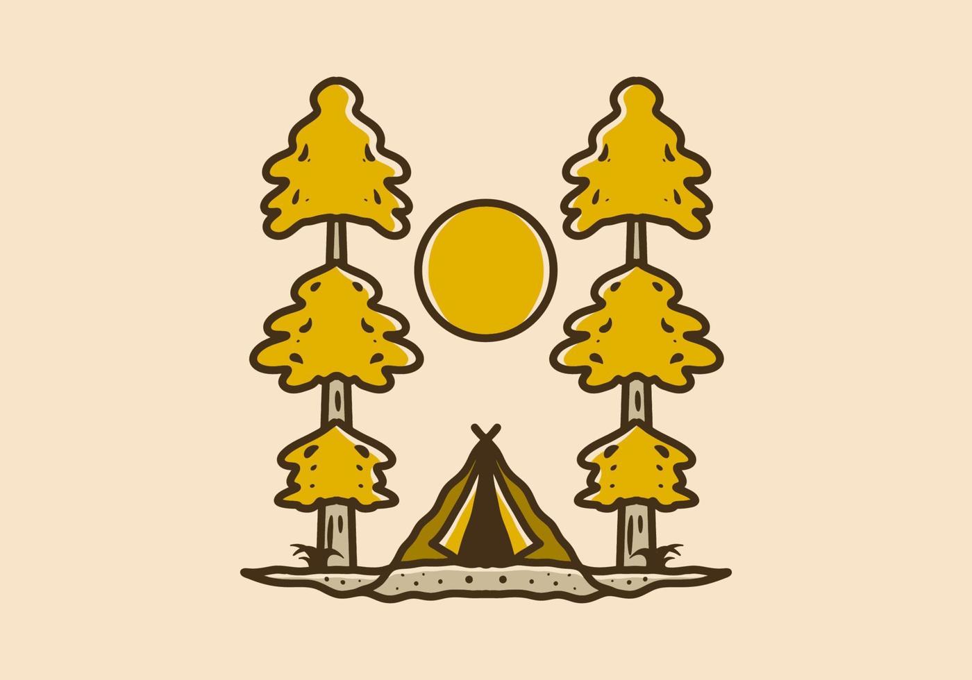 Camping tent between two pine tress illustration vector