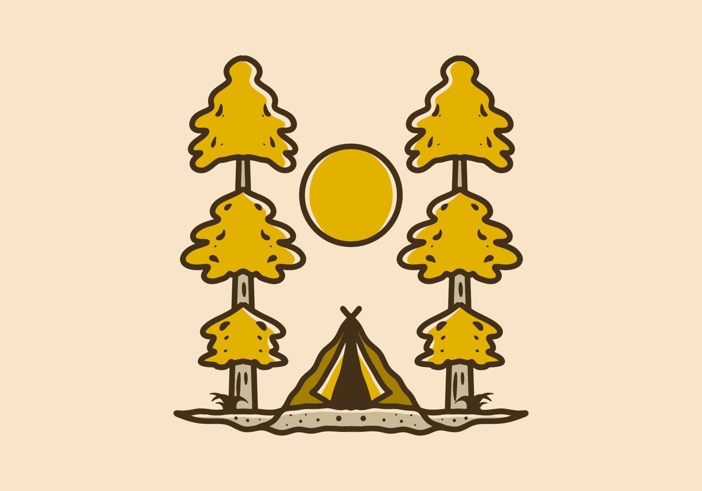 Camping tent between two pine tress illustration vector