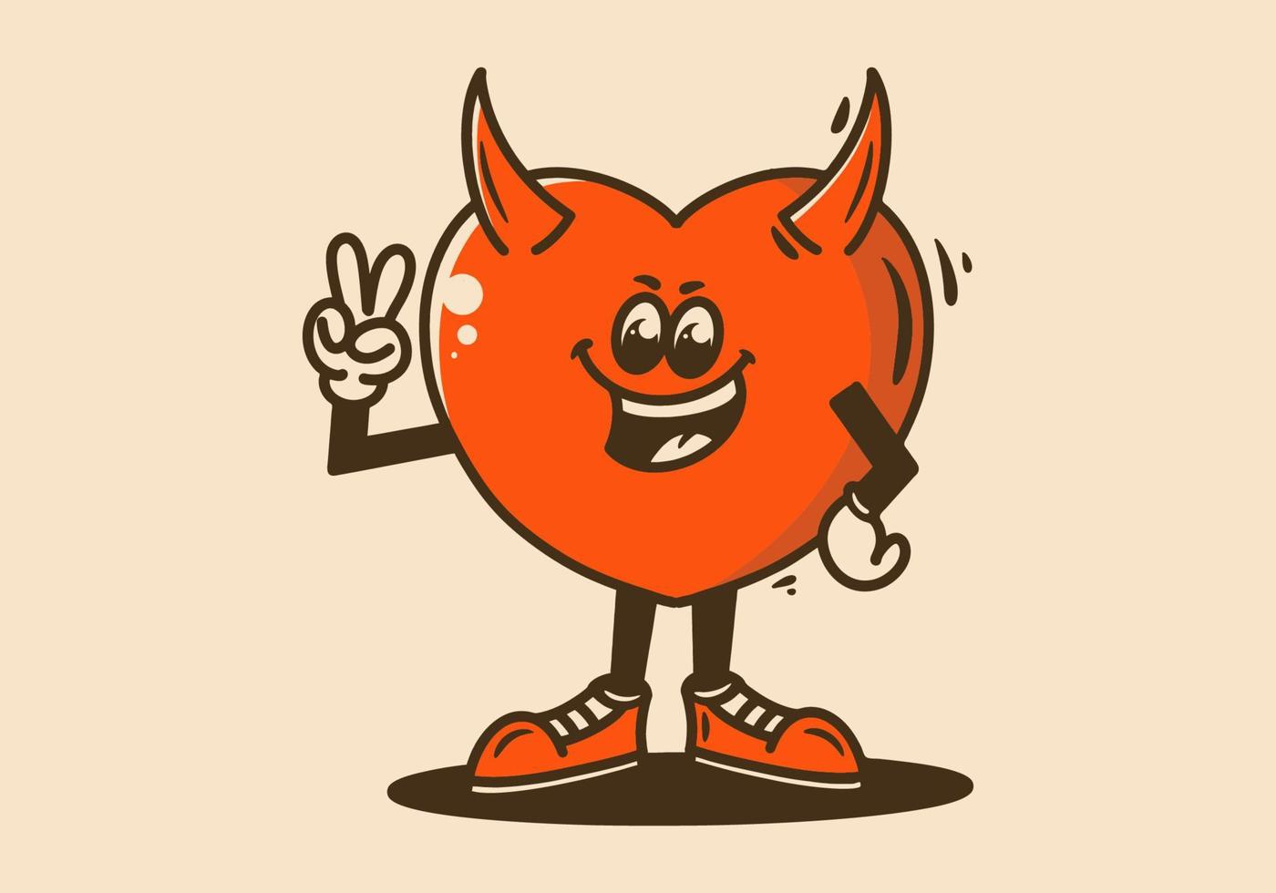 Mascot character of a standing devil heart with hands forming a peace symbol vector