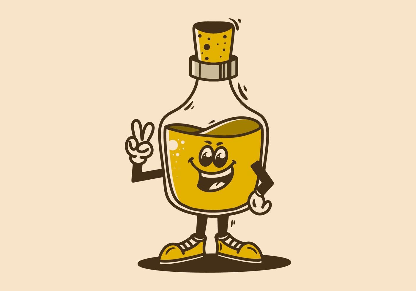 mascota personaje de un en pie alcohol botella con manos formando un paz símbolo vector