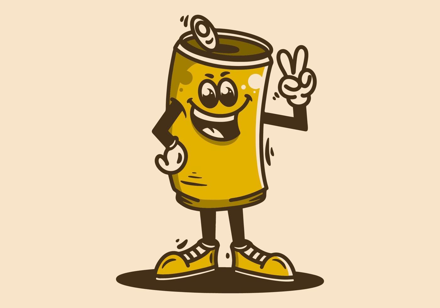 mascota personaje de un en pie cerveza lata con manos formando un paz símbolo vector
