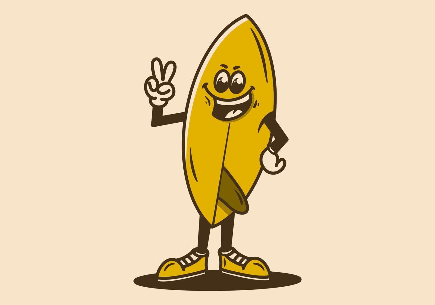 Mascot character of a standing surfboard with hands forming a peace symbol vector