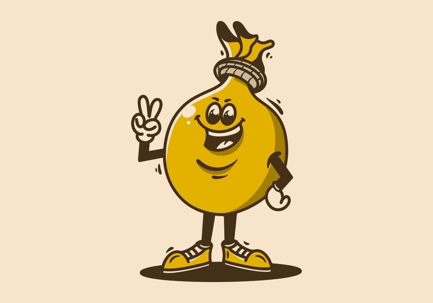mascota personaje de un en pie dinero bolso con manos formando un paz símbolo vector