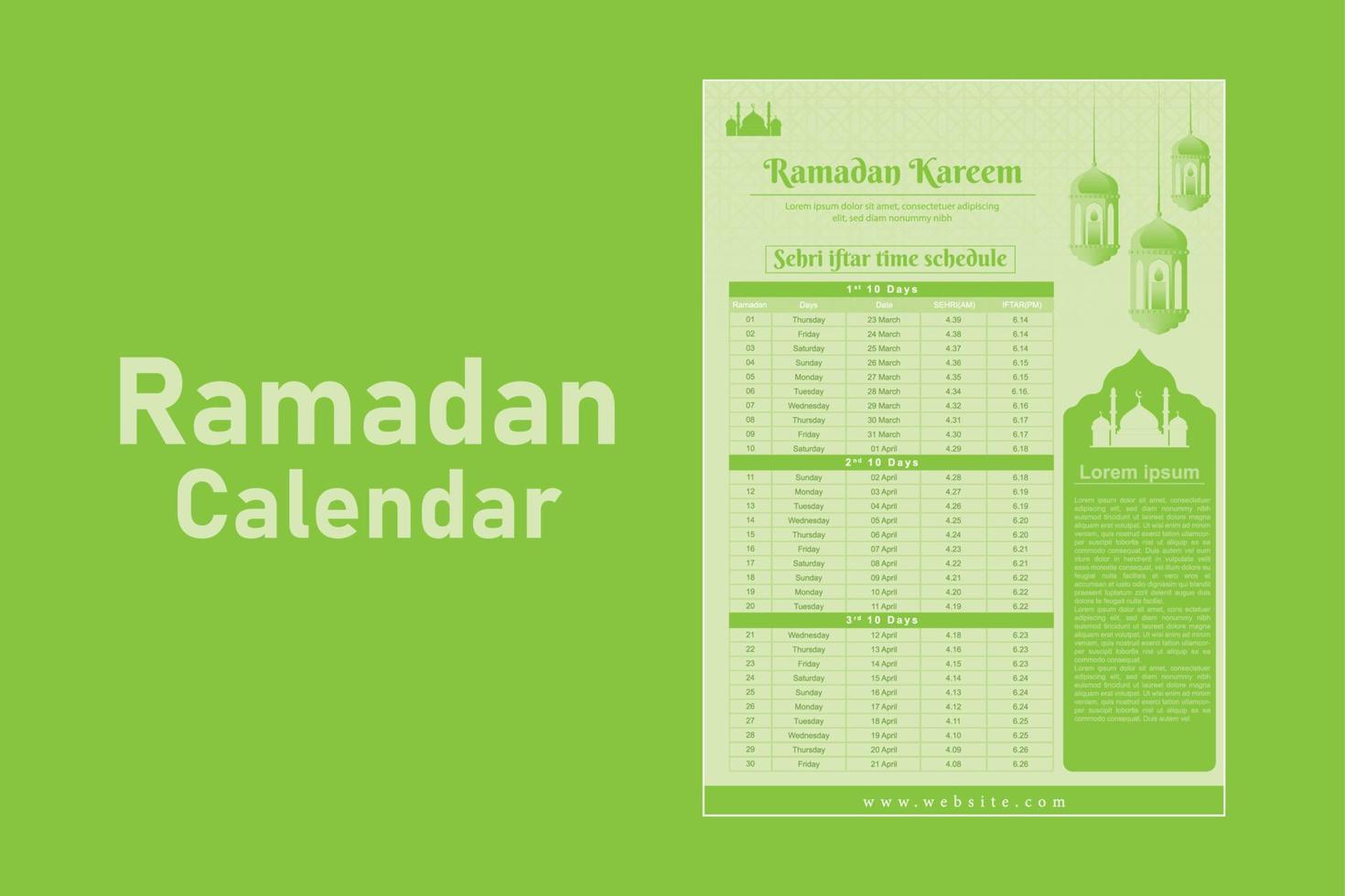 Ramadan Kareem Islamic calendar template and sehri ifter time schedule vector