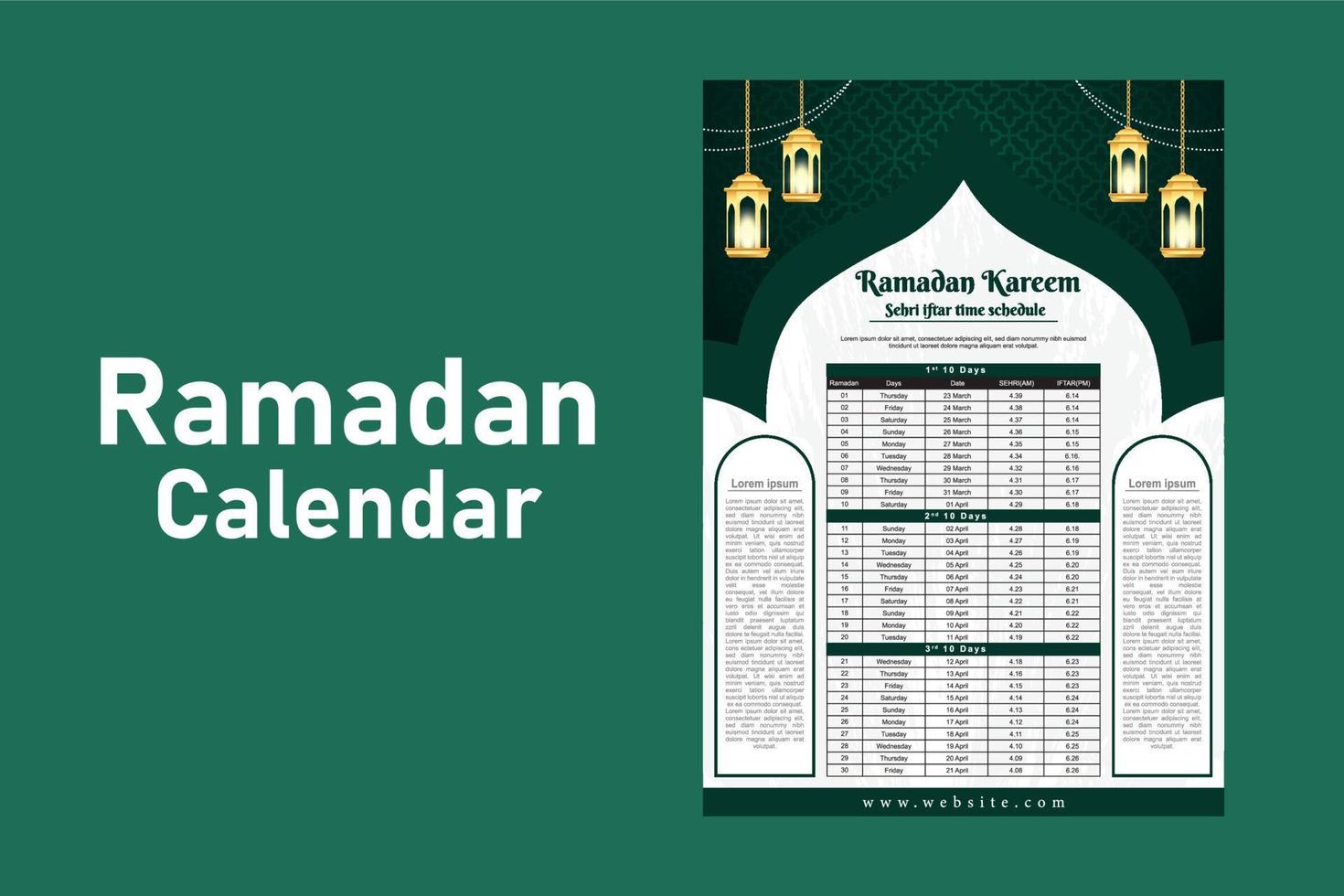 Ramadan Kareem Islamic calendar template and sehri ifter time schedule vector