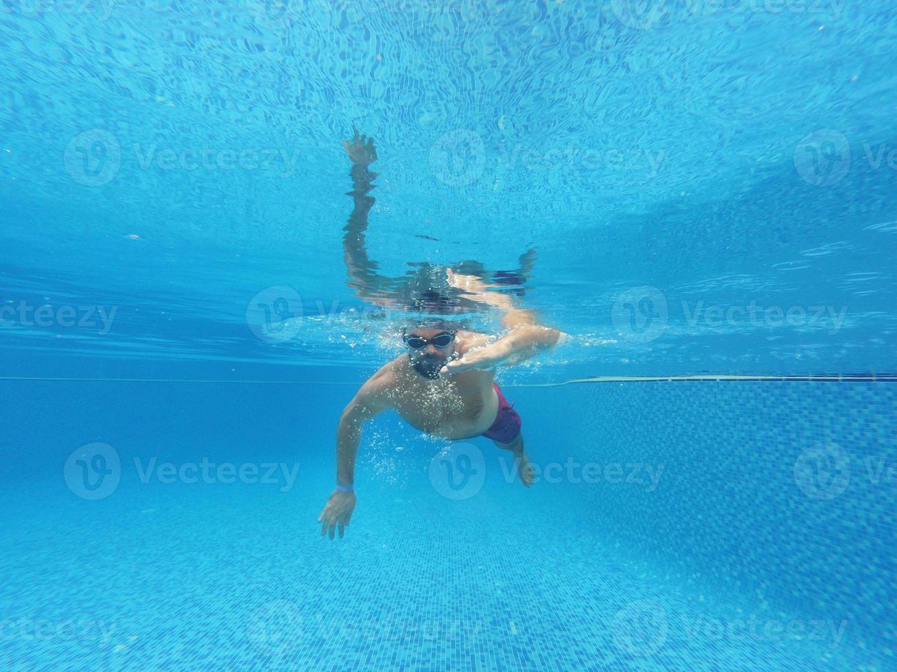 Beard man with glasses swimming under water in the pool photo