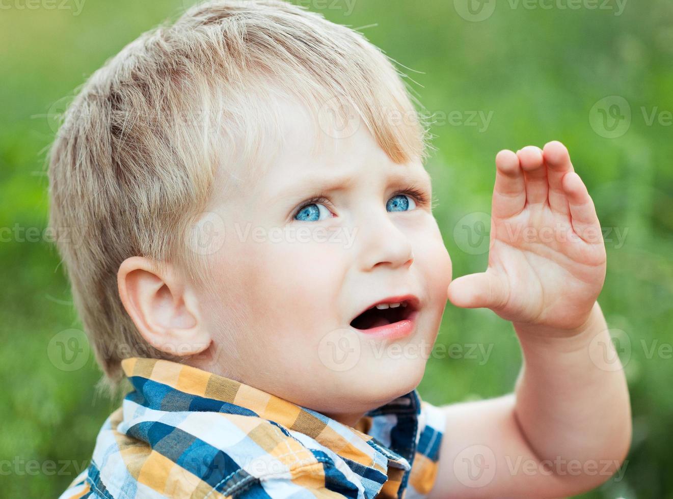 A cute little boy in a field of green grass photo