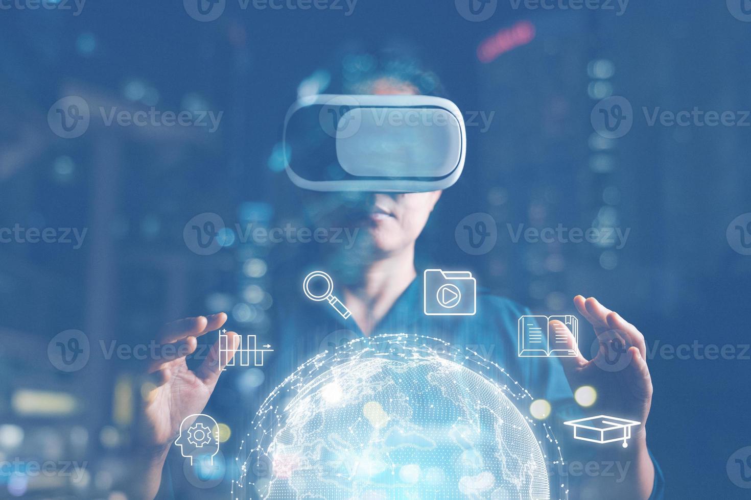 woman wearing VR glasses and accessing Cloud Computing Technology Internet Storage Network Concept And a large database big data Through internet technology. Metaverse E-learning, online study idea. photo