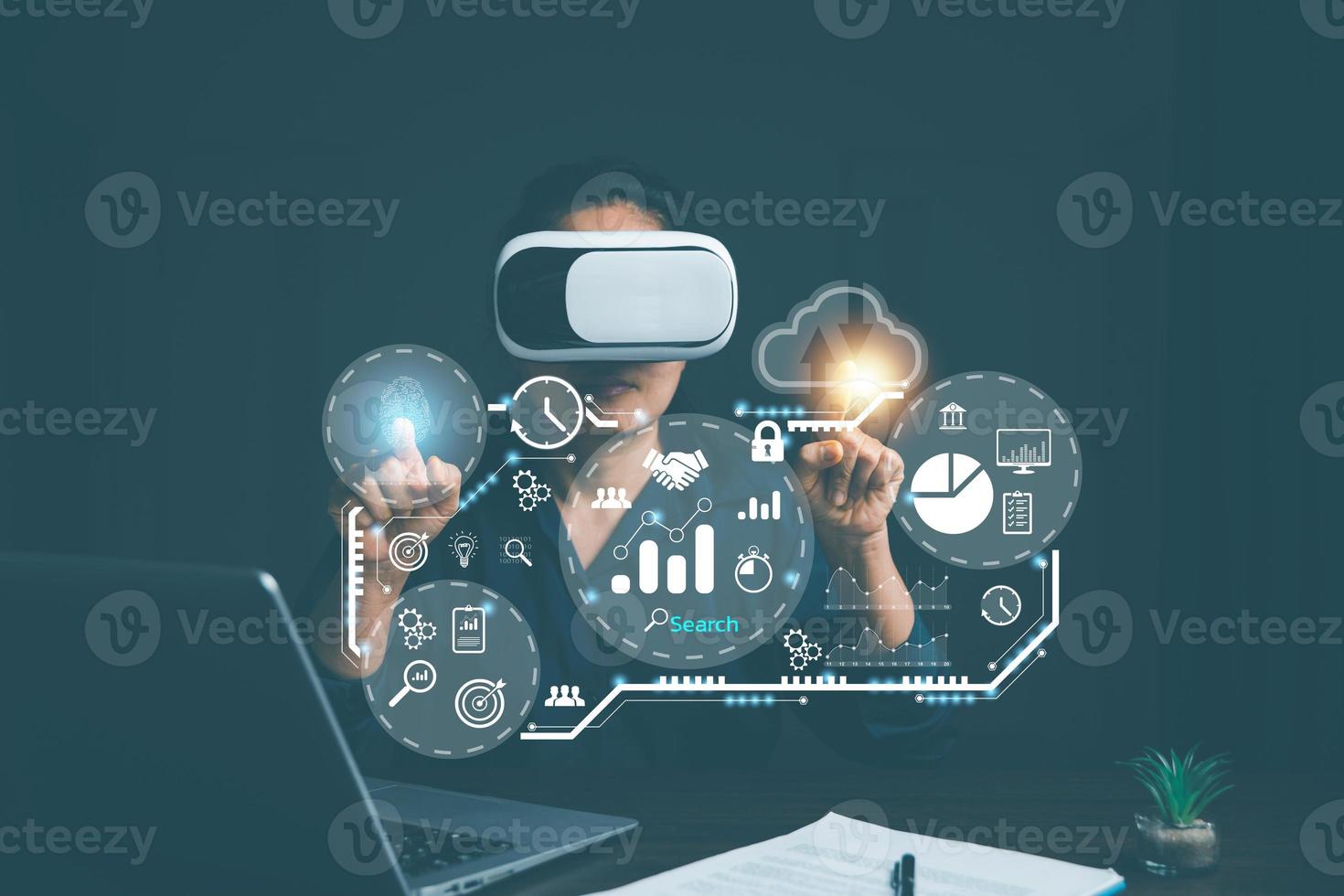 Businesswoman wearing VR glasses and accessing the Cloud Computing Technology Internet Storage Network Concept And a large database big data Through internet technology. Metaverse technology idea. photo