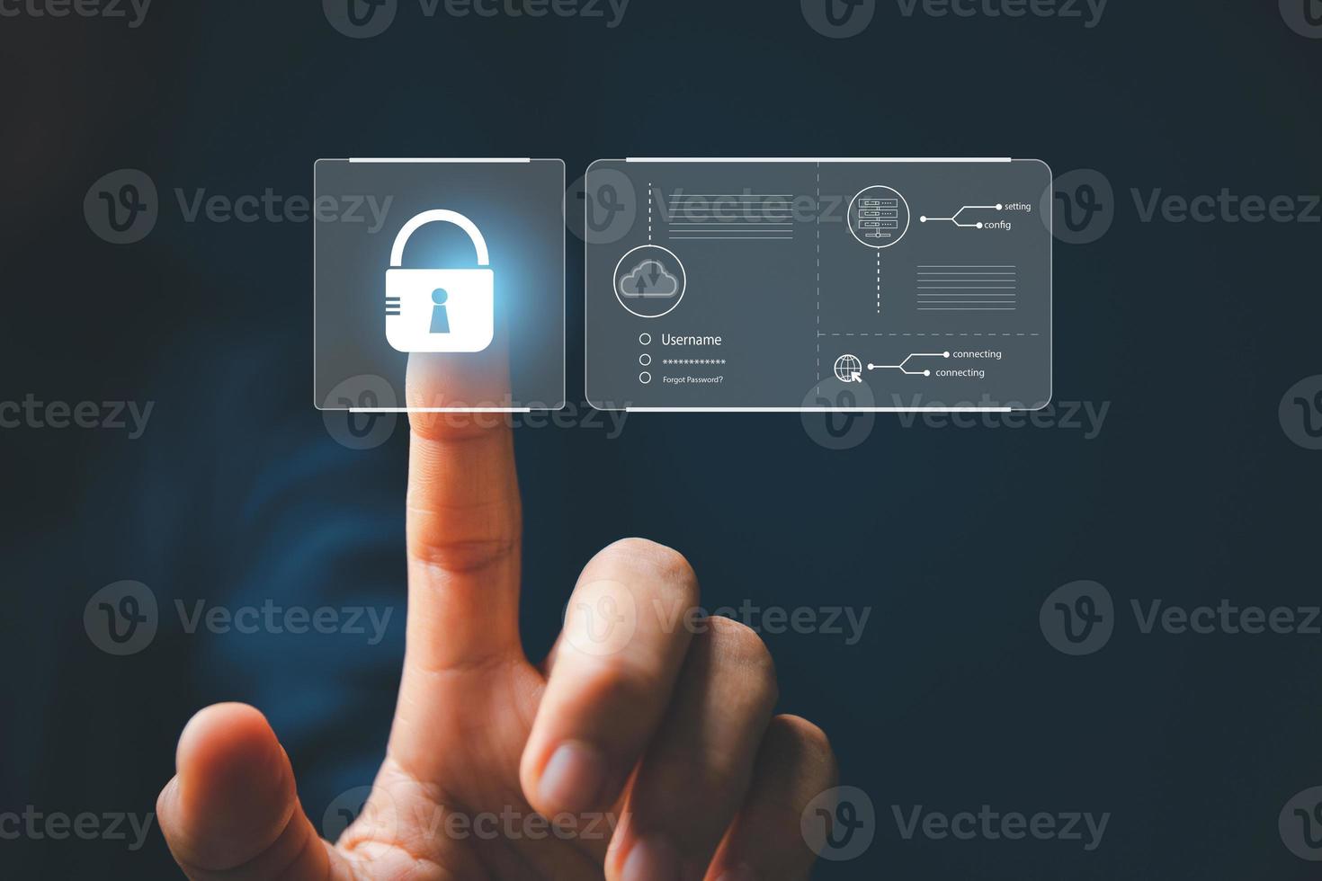 Cybersecurity and privacy concepts to protect data. Lock icon and internet network security technology. Businesswoman's touch screen lock with protecting personal data on virtual screen. photo
